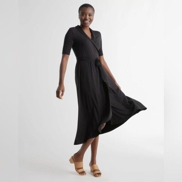 QUINCE Tencel Jersey Midi True Wrap Dress Women XL Black Short Sleeve Minimal - Picture 1 of 12